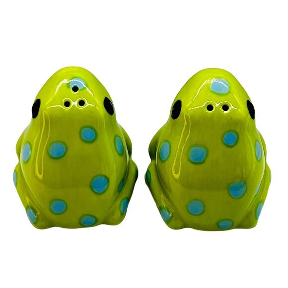 Green Frog Toad Blue Polka Dot Salt Pepper Shakers 1.75 inch Ceramic - Picture 5 of 8